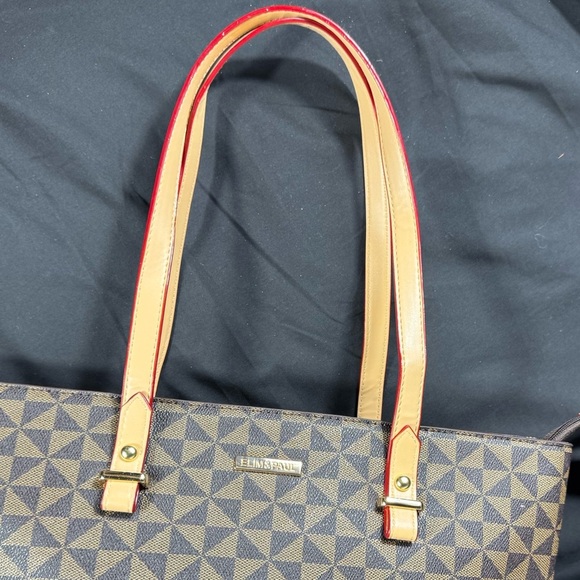 Elim & Paul Tan with Cream Square Patterned Tote Purse - Like New - Picture 3 of 16